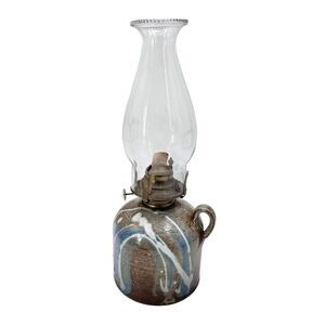 Vintage Axner Signed Stone Clay Pottery Hurricane Oil Lamp Glass Chimney